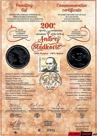 10 eur Slovensko 2020 - Andrej Sládkovič - Pamätný list