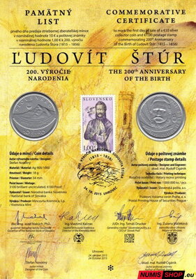 10 eur Slovensko 2015 - Ľudovít Štúr - Pamätný list
