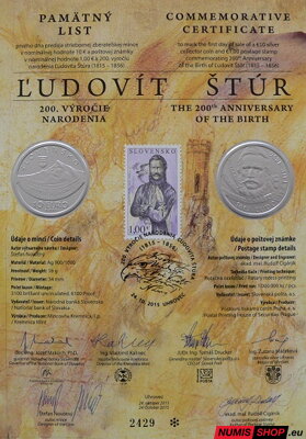 10 eur Slovensko 2015 - Ľudovít Štúr - Pamätný list - originál podpis autora