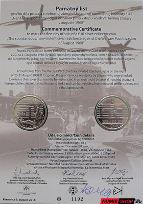 10 eur Slovensko 2018 - Nenásilný spontánny odpor občanov proti vstupu vojsk Varšavskej zmluvy v auguste 1968 - Pamätný list - podpis riaditeľa mincovne