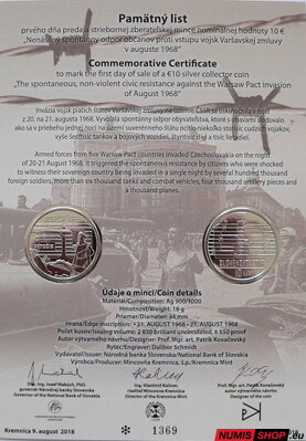 10 eur Slovensko 2018 - Nenásilný spontánny odpor občanov proti vstupu vojsk Varšavskej zmluvy v auguste 1968 - Pamätný list