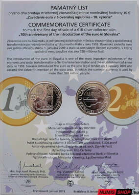 10 eur Slovensko 2019 - Zavedenie eura - Pamätný list