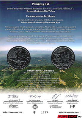 20 eur Slovensko 2020 - Poľana - Pamätný list