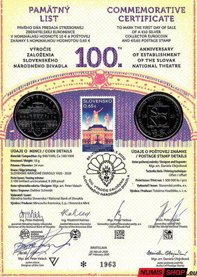10 eur Slovensko 2020 - Slovenské národné divadlo - Pamätný list - 3 podpisy