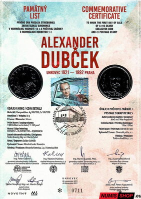 10 eur Slovensko 2021 - Alexander Dubček - Pamätný list