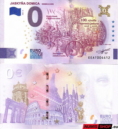Slovensko - 0 euro souvenir - Jaskyňa Domica - zlatá prítlač
