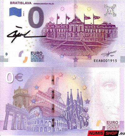 Slovensko - 0 euro souvenir - Prezidentský palác + Prezidentka SR Zuzana Čaputová - vlastnoručný podpis
