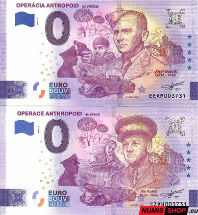 Slovensko + ČR - 0 euro souvenir - Operácia Antropoid - Gabčík + Kubiš