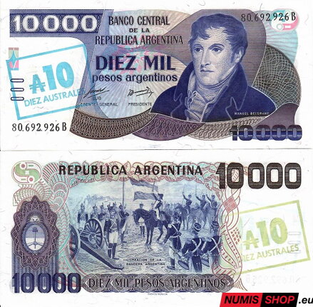 Argentína - 10 australes on 10 000 pesos - 1985 - UNC
