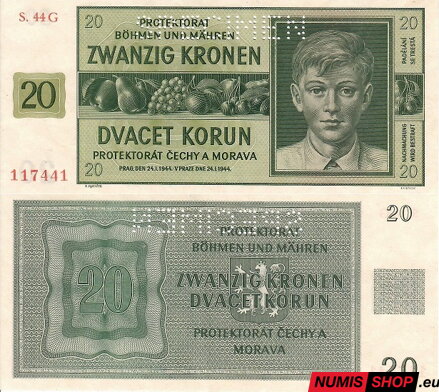 Protektorát Čechy a Morava - 1944 - 20 korun - G - UNC - SPECIMEN