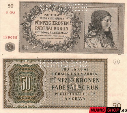 Protektorát Čechy a Morava - 1944 - 50 korun - 9A - UNC - SPECIMEN