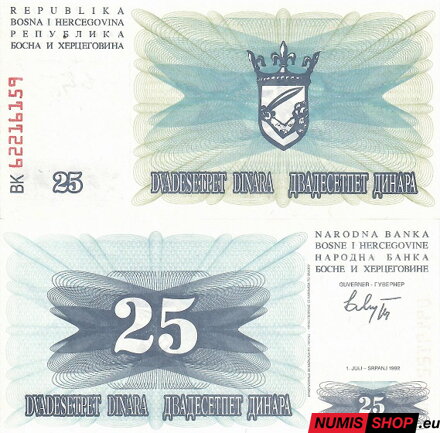 Bosna a Hercegovina 25 dinara 1992 - UNC
