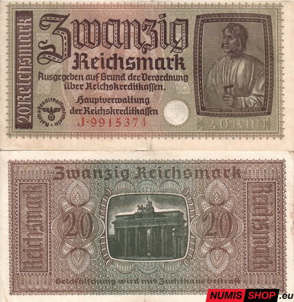 Nemecko - 20 Reichsmark (Occupied Territories 1940-1945) - VF - séria J