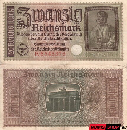 Nemecko - 20 Reichsmark (Occupied Territories 1940-1945) - VF - séria L