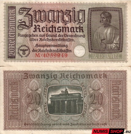 Nemecko - 20 Reichsmark (Occupied Territories 1940-1945) - VF - séria M