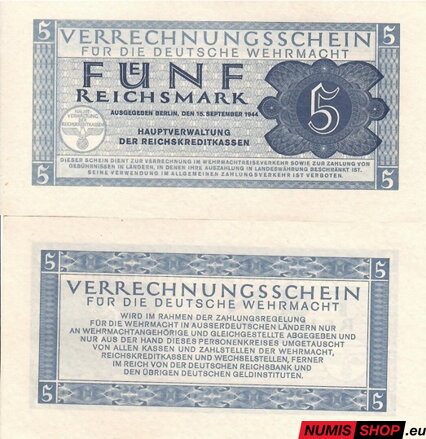 Nemecko - 5 Reichsmark (Wehrmacht 1944) - aUNC