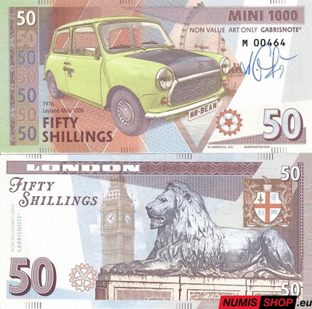 Gábriš - 50 shillings - Mini Cooper 1000 - Mr. Bean - podpis autora