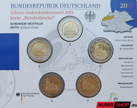 Nemecko 2 euro 2011 - Severné Porýnie-Vestfálsko - komplet 5 ks - COIN CARD