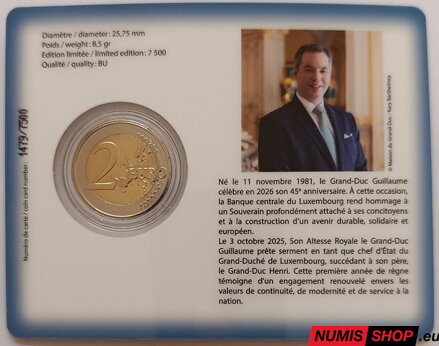 Luxembursko 2 euro 2026 - Nástup veľkovojvodu Guillauma na trón - COIN CARD