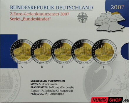 Nemecko 2 euro 2007 - Meklenbursko-Predpomoransko - komplet 5 ks - PROOF