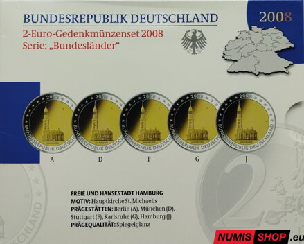 Nemecko 2 euro 2008 - Hamburg - komplet 5 ks - PROOF