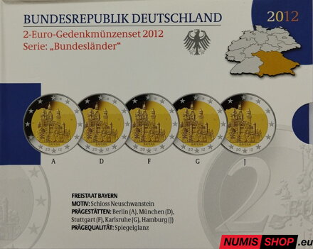 Nemecko 2 euro 2012 - Bavorsko - komplet 5 ks - PROOF