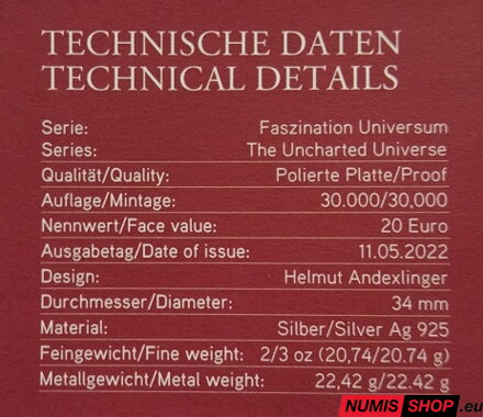 Rakúsko 20 eur 2022 - The Uncharted Universe - The Black Hole - PROOF
