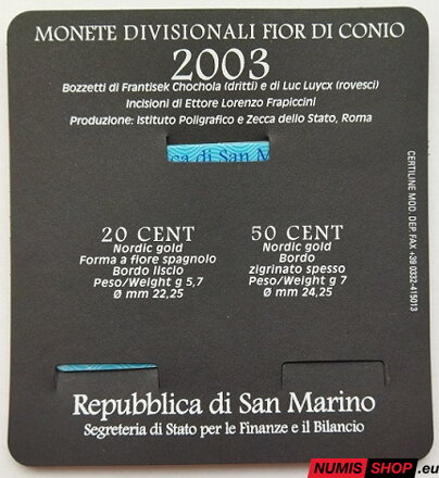 San Maríno 2003 - 20 + 50 cent minikit - UNC San Maríno 2003 - 20 + 50 cent minikit - UNC