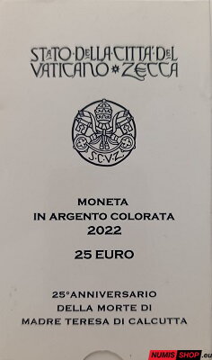 Vatikán 25 euro 2022 - Matka Tereza - kolorovaná - PROOF