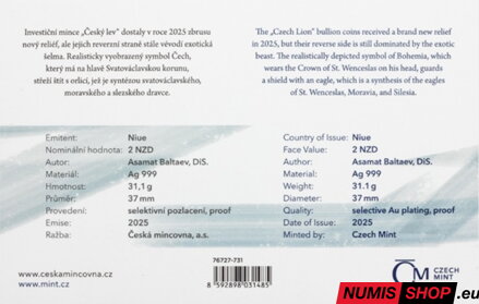 Česká republika - 1 oz Český lev - 2025 - selektívny pokov zlato - číslovaný v karte