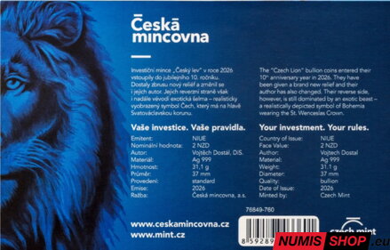 Česká republika - 1 oz Český lev - 2026 - číslovaný v karte