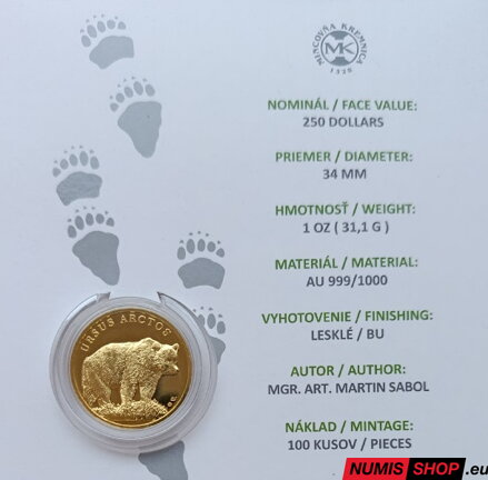 Niue - 250 dollars - 2022 - 1 oz Au - Medveď