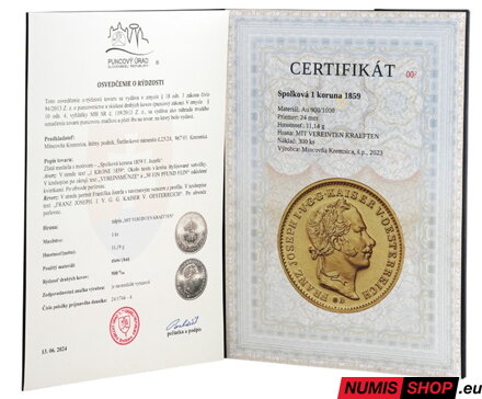 Kremnické razby Františka Jozefa - spolková 1 koruna 1859 (replika)
