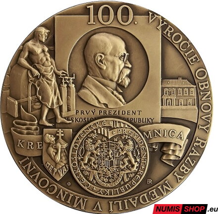 Medaila - 100. výročie obnovenia razby medailí v mincovni Kremnica - mosadz