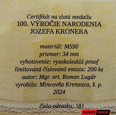 Mosadzná pozlátená medaila - Jozef Kroner