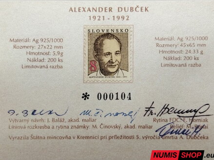 Alexander Dubček - strieborná plaketa + známka + originál podpisy v kazete