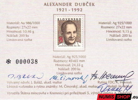 Alexander Dubček - strieborná plaketa + známka + originál podpisy