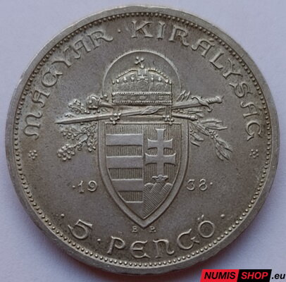 Maďarsko - 5 pengő - 1938 - Svätý Štefan - striebro