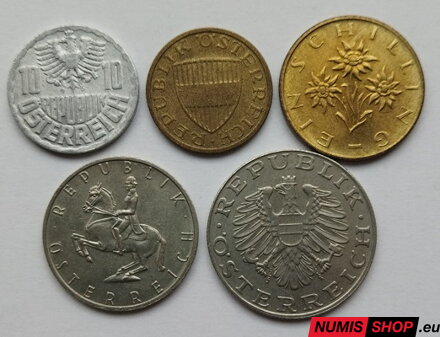 Rakúsko - sada mix roky - 10 + 50 groschen + 1 + 5 + 10 schilling