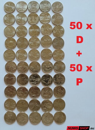 US Quarters States - komplet 100 ks - 50 x P + 50 x D - UNC