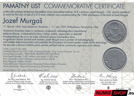 10 eur Slovensko 2014 - Jozef Murgaš - Pamätný list (čísla do 100)