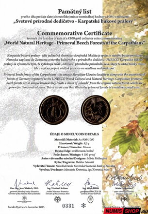 100 eur Slovensko 2015 - Bukové pralesy - Pamätný list - podpis autora