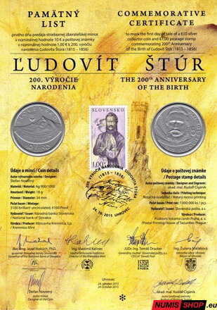 10 eur Slovensko 2015 - Ľudovít Štúr - Pamätný list