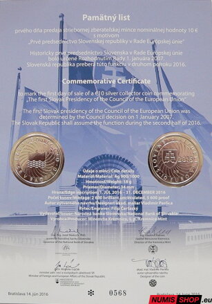 10 eur Slovensko 2016 - Predsedníctvo - Pamätný list