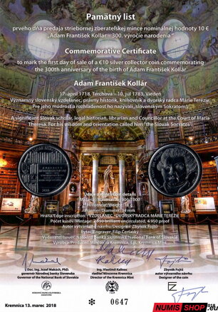 10 eur Slovensko 2018 - Adam František Kollár - Pamätný list - 2 podpisy
