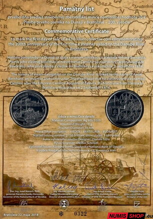 10 eur Slovensko 2018 - Prvý parník v Bratislave - Pamätný list - 2 podpisy