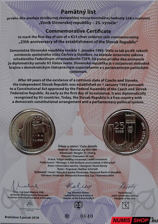 25 eur Slovensko 2018 - 25. výročie SR - Pamätný list