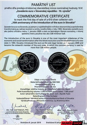 10 eur Slovensko 2019 - Zavedenie eura - Pamätný list (čísla do 100)
