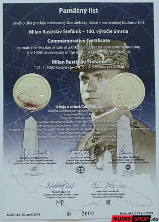 10 eur Slovensko 2019 - M. R. Štefánik - Pamätný list