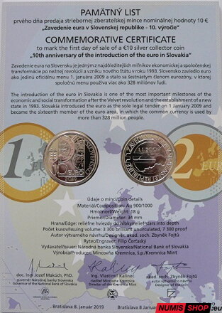 10 eur Slovensko 2019 - Zavedenie eura - Pamätný list